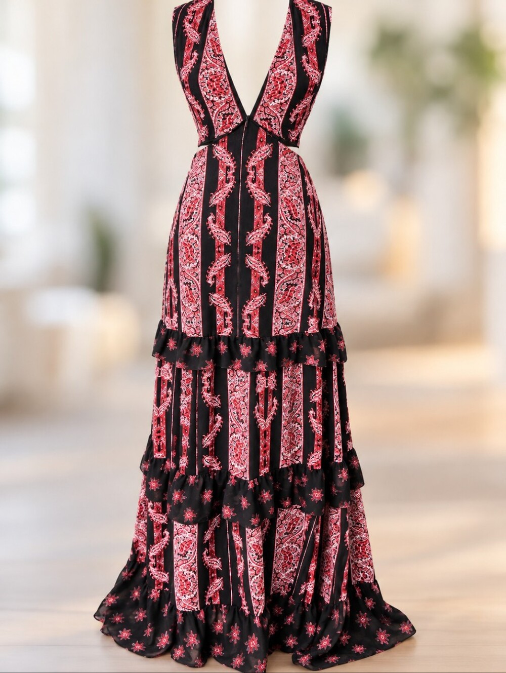 Avec Les filles Elegant Black and red patterned Maxi Dress size 2